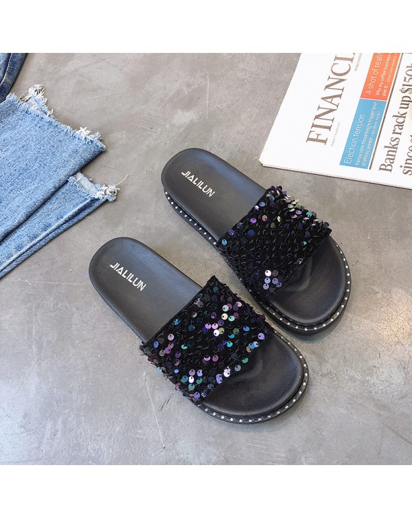 Sequins Fashion Slippers Women's Summer Korean Thick Sole Matsuke Shoes New Outwear Korean Flat Bottom Slippers Student Summer