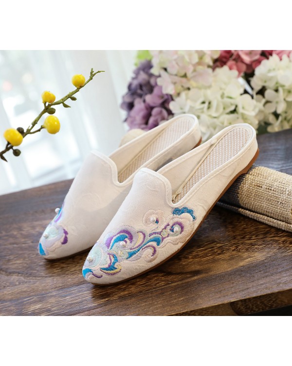 Slippers, Single Slippers/cotton Slippers, Pointed And Fashionable Chinese Style Retro Embroidered Fabric Women's Shoes