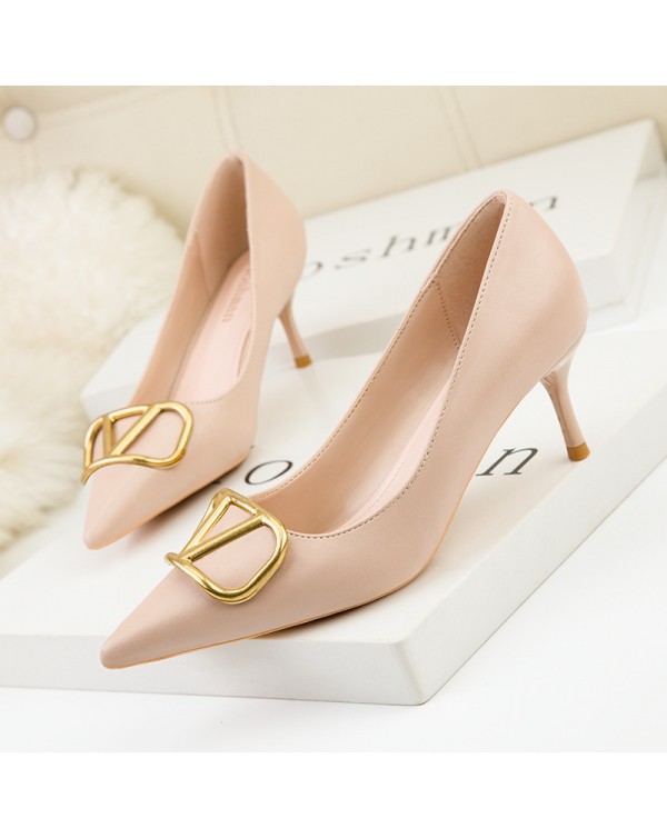 323-3 European And American Style Fashion Professional OL Women's Shoes Thin Heel High Heel Shallow Mouth Pointed Tip Slim Metal V Family Square Button Single Shoe