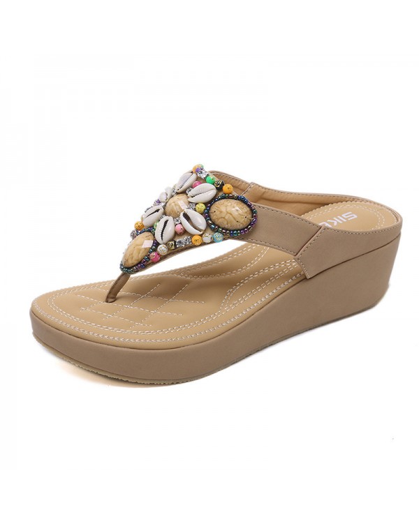 New 2023 Ethnic Cool Slide Thailand Tourist Beach Bohemian Beaded Vintage Slope Heel Large Slippers