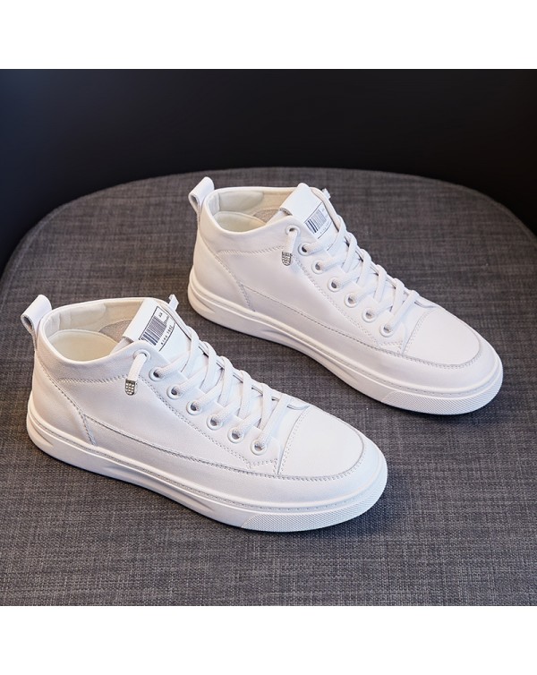 Top Layer Cowhide High Top Leather Small White Shoes For Women 2023 New Versatile Flat Bottomed Casual Korean Version Board Shoes For Women