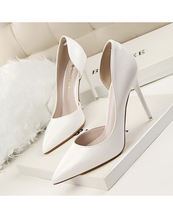 638-5 Korean Version Of Fashionable And Minimalist High Heels, Patent Leather, Shallow Cut Pointed Hollow Out, Sexy And Slimming High Heels, Single Shoe