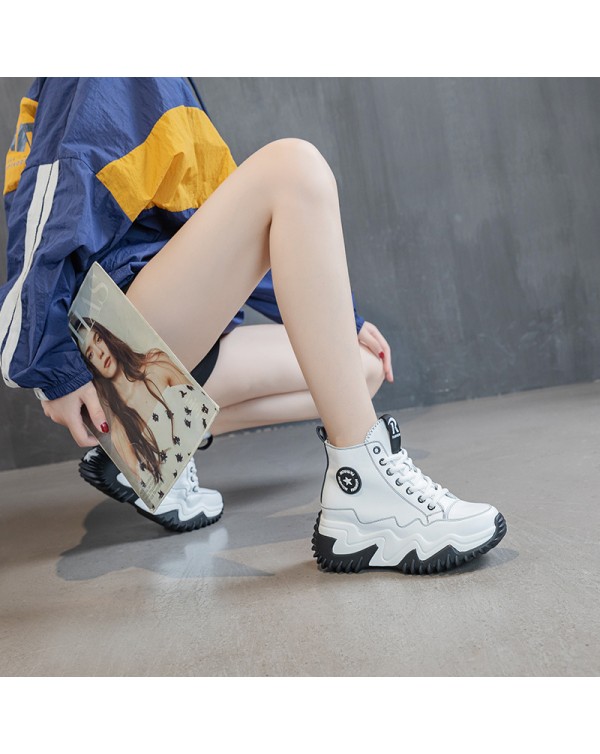 Women's 2021 Autumn New Versatile Korean Thick Sole Matsuke Casual Shoes With An Inner Height Of 8CM Genuine Leather Little White Shoes