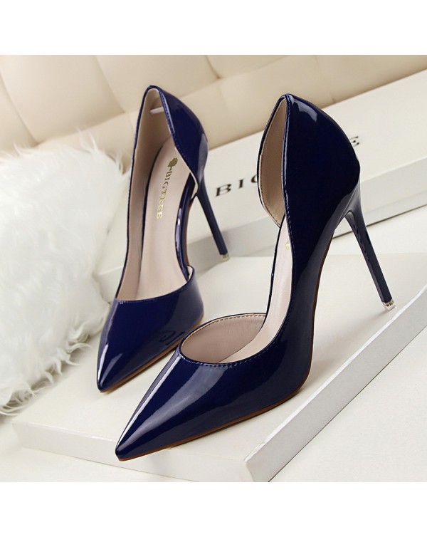 638-5 Korean Version Of Fashionable And Minimalist High Heels, Patent Leather, Shallow Cut Pointed Hollow Out, Sexy And Slimming High Heels, Single Shoe