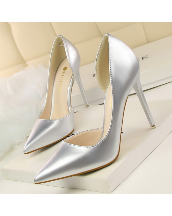 638-5 Korean Version Of Fashionable And Minimalist High Heels, Patent Leather, Shallow Cut Pointed Hollow Out, Sexy And Slimming High Heels, Single Shoe