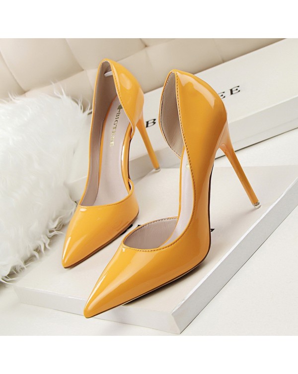 638-5 Korean Version Of Fashionable And Minimalist High Heels, Patent Leather, Shallow Cut Pointed Hollow Out, Sexy And Slimming High Heels, Single Shoe