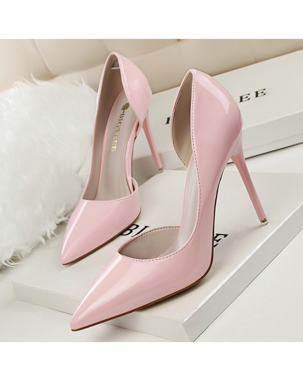 638-5 Korean Version Of Fashionable And Minimalist High Heels, Patent Leather, Shallow Cut Pointed Hollow Out, Sexy And Slimming High Heels, Single Shoe