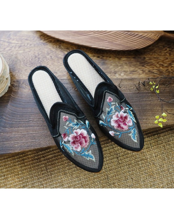 Slippers, Mesh Shoes, Cow Tendon Soles, Flat Bottomed Mesh Embroidered Slippers, Floral Fabric Slippers, Casual Women's Sandals