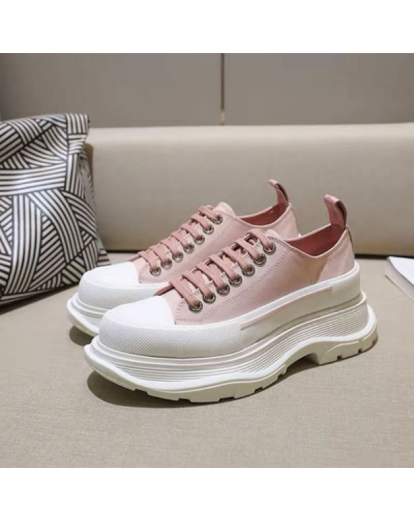 2023 Spring/Summer New McQueen Canvas Shoes Genuine Leather Versatile Lace Up Small White Shoes Women's Matsuke Thick Sole Elevated Couple Shoes