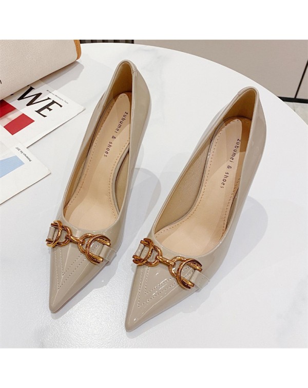 966-6 Korean Version Of Horseshoe Buckle Single Shoes For Women's Temperament, Pointed Toe Thin Heels, Large Heels, Shallow Cut Patent Leather Professional Women's Shoes