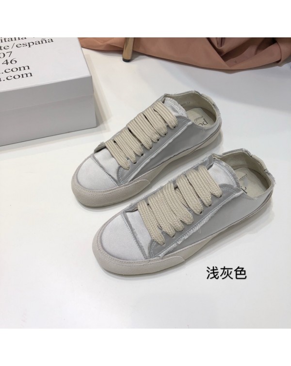 Spanish Niche PG Silk Satin Small White Shoes Women's Shoes Lace Up Flat Bottomed Casual Single Shoes Solid Color Board Shoes Wholesale