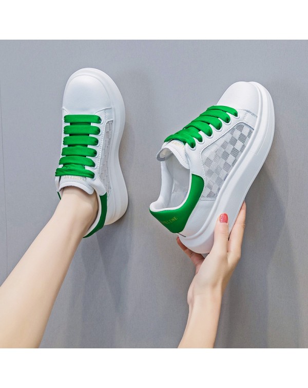 Women's Shoes, Small White Shoes, Genuine Leather, 2023 Summer New Breathable And Versatile Thick Sole Mesh Shoes, Student Sports, Lightweight Board Shoes Trend