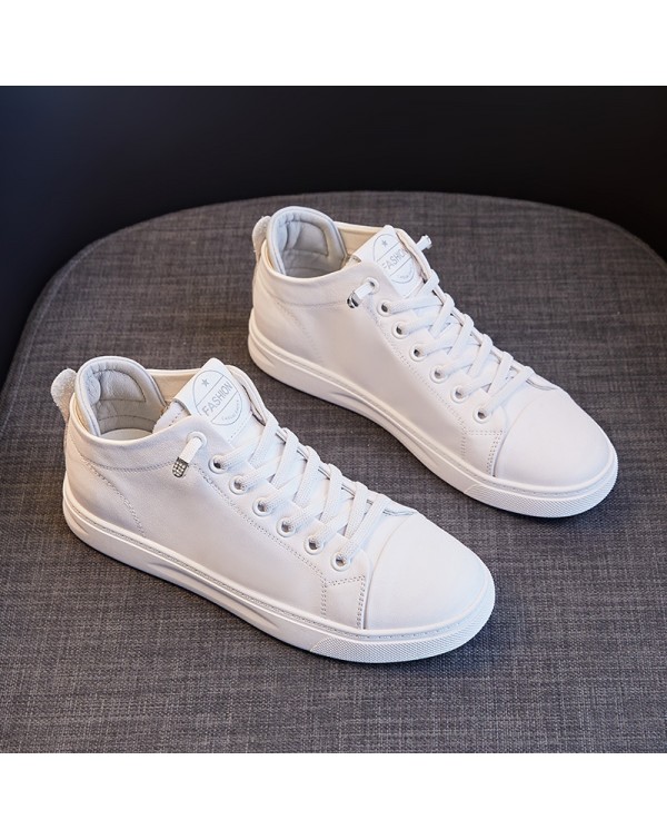 Top Layer Cowhide High Top Leather Small White Shoes For Women 2023 New Versatile Flat Bottomed Casual Korean Version Board Shoes For Women