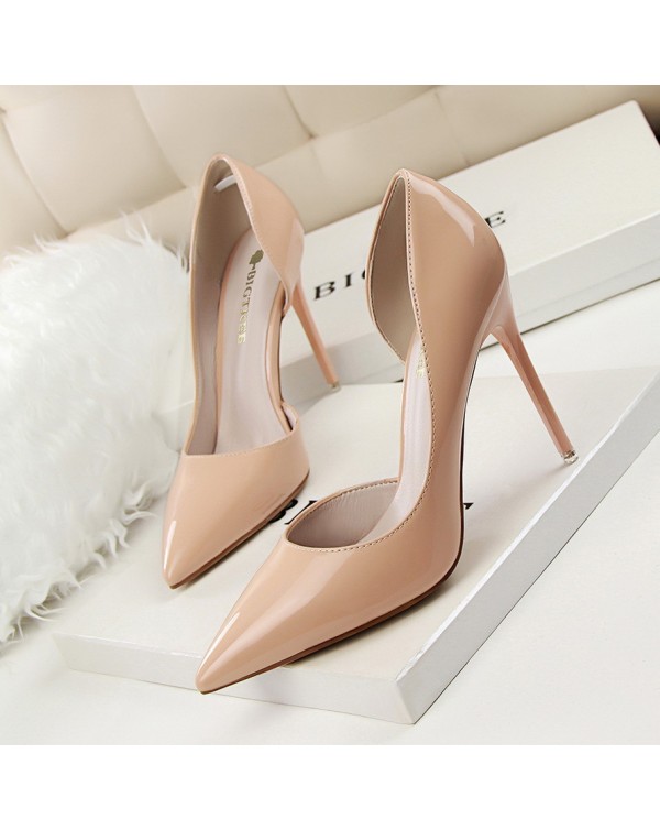 638-5 Korean Version Of Fashionable And Minimalist High Heels, Patent Leather, Shallow Cut Pointed Hollow Out, Sexy And Slimming High Heels, Single Shoe