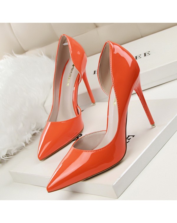 638-5 Korean Version Of Fashionable And Minimalist High Heels, Patent Leather, Shallow Cut Pointed Hollow Out, Sexy And Slimming High Heels, Single Shoe