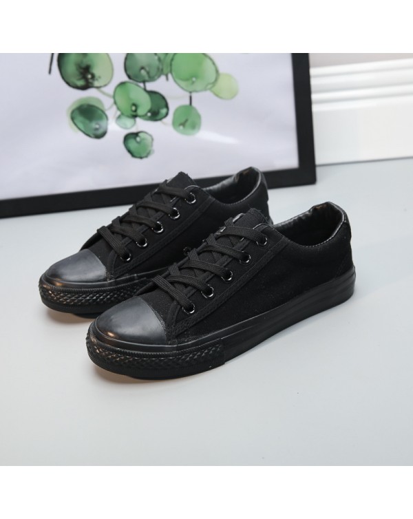 Spring And Autumn All Black Canvas Shoes Low Top Student Men's Shoes Lace Up Pure Black Work Shoes Flat Bottom Couple Casual Women's Shoes