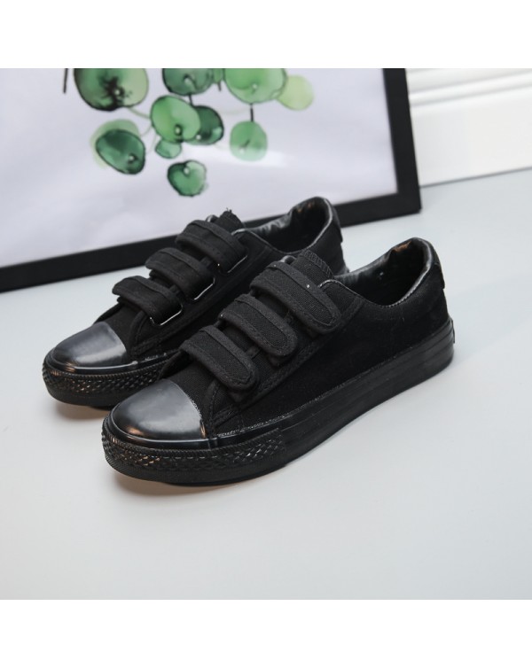 Spring And Autumn All Black Canvas Shoes Low Top Student Men's Shoes Lace Up Pure Black Work Shoes Flat Bottom Couple Casual Women's Shoes