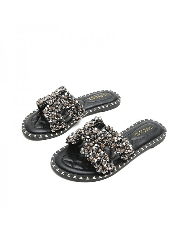 Classic Rhinestone Slippers For Women's Outerwear 2023 New Ins Trend Summer Sandals Fashion Large Size 41-43