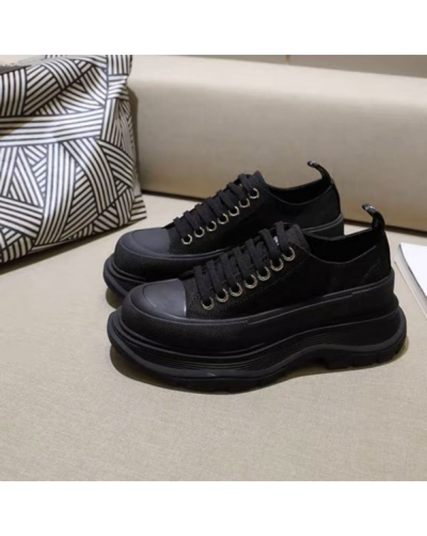 2023 Spring/Summer New McQueen Canvas Shoes Genuine Leather Versatile Lace Up Small White Shoes Women's Matsuke Thick Sole Elevated Couple Shoes