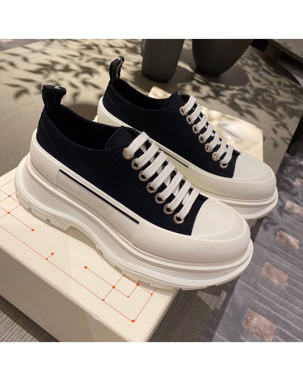 2023 Spring/Summer New McQueen Canvas Shoes Genuine Leather Versatile Lace Up Small White Shoes Women's Matsuke Thick Sole Elevated Couple Shoes