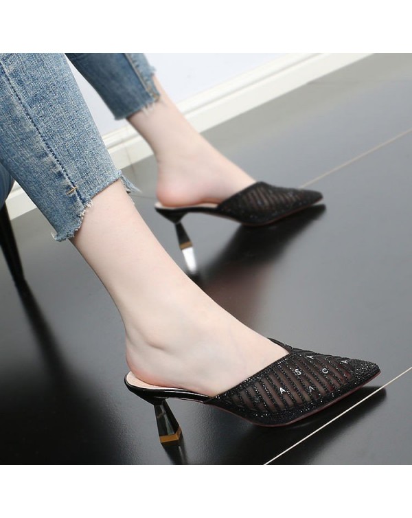 Women's Slippers 2023 New Women's Shoes Summer And Korean Version Pointed Toe Wrapped Half Slippers Women's Thin Heel Middle Heel Mesh Sandals