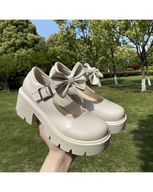 Thick Soled White Round Toe Mary Jane Single Shoes For Women In Spring 2022 Vintage Medium High Heels Japanese JK Small Leather Shoes British Style